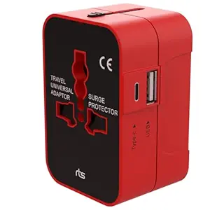 Countries Universal Travel Adapter with USB-C Type C & USB International All in One Travel Adapter, Universal Travel Essentials with 2.4A Universal Adaptor, for Phone, Laptop, Mobile, Tablet-Red