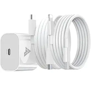 20W Fast Charger Adapter For iPhone 15/14/13/12/11 Series With 1 Meter Type C To Lightning Data Cable + 1 Meter Nylon Braided Type C To Type C Data Cable Pd 2.0(1 Adapter + 2 Cable),White