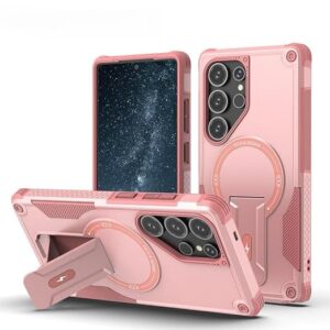 Back Cover for Samsung Galaxy S25 Ultra with Portable Kickstand | Mag-Safe Compatible Magnetic Case | Shockproof Military Grade Protection | Rugged Armor Design Phone Cover – Pink