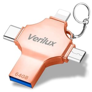 4 in 1 Flash Drive 64GB USB Flash Drive with Lightning, Micro, USB, Type-C Interface, Mini Hangable Flash Drive Compatible with Phone, Pad, Android, PC and More Devices (Rose Golden)