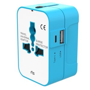 Universal Travel Adapter with Type C, 3 in 1 Universal Adapter Plug, Travel Accessories with 1 USB, 1 USB-C with 2.4A, Travel Adaptor International All in One Ports for Phone, Laptop, Mobile-Blue
