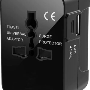 Type C (USB C) Universal Travel Adapter with Type C, 3 in 1 Universal Adapter Plug, Travel Essentials Accessories with 1 USB, 1 USB-C with 2.4A, Travel Adaptor for Phone, Laptop, Mobile, Tablet-Black