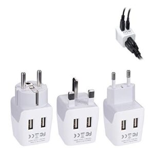 Complete European Set Travel Adapter Plug by Ceptics With Dual USB - Type G, E/F, C - London - USA Input - Light Weight - Perfect for Cell Phones, Chargers, Cameras and More - 3 Pack