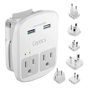 Travel Adapter Kit by Ceptics - QC 3.0 2 USB + 2 US Outlets, Surge Protection, Plugs for Europe, UK, China, Australia, Japan - Perfect for Laptop, Cell Phones, Cameras - Safe ETL Tested