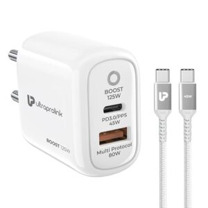 125W USB C and USB-A PD- PPS Fast Charger | Type C Adapter | 80W USB-A and 45W USB-C Port | Compatible for Samsung, iPhone 15/16, Nothing, Motorola |1m USB C-C Cable|UM1134C |Boost 125