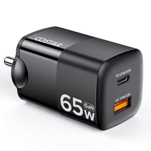 65W GaN Dual Port Fast Charger QC/PD, 2 in 1 USB & Type C Fast Charger Adapter for Laptop, Lenovo, HP, Asus, Dell, MacBook, iPhone Series, Samsung Galaxy/Note, and Android Devices, Black