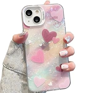 Designed for iPhone 15 Cover Cool Shining Shell Love Heart Pattern Design with TPU Edges Phone Back Cover Case for Girls Women (Bling Heart Pink)