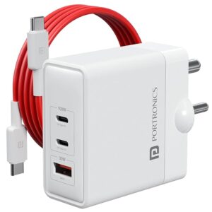 100W Adapto 100 GaN Fast Charging Triple Port Adaptor with Type C Cable, 2 Type C PD Port, 1 USB-A Mach Port, Fast Charging Compatible with Laptops, Macbooks, Smartphones & All Type Devices