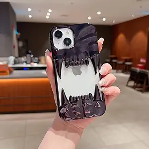 Shockproof Designer Metallic Chrome 3D Fangs Back Case for iPhone 15 with Precise Cutouts | Anti-Scratch Grip | Full Camera Protection and Stylish Look – Black
