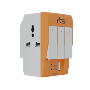 Type C PD and USB 3 Pin Multi Plug Socket-Worldwide Universal Travel Adapter with USB Ports & Individual Switch LED Indicator-3 Way Plug Socket (5A-250V) Type D Plug for Home Office Orange