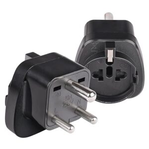European (Schuko) to India Plug Adapter - Convert European Type E/F Input to India Type D Three Prong Output Connection - Heavy Duty - Black Color (2 Pack)