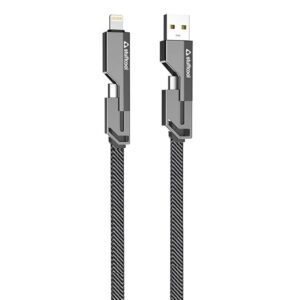 Quad Pro 4 in 1 Metal Flat Braided Indestructible Cable 1.5m 60W with lightning to type C, type C to C, Lighting to type A compatible for iPhones, iPads, Macbooks, Type C Laptops (Grey)