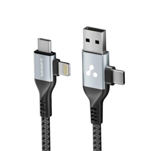 4 in 1 Multi-Functional Charging Cable | Fast Charging & Data Sync | Universal USB, Type-C, Lightning Cable | Compatible with Android, iPhone, Tablets, and USB-C Devices (AC4CL-15, Silver)