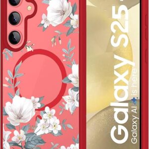 Compatible with Samsung Galaxy S25 Plus 5G Case Luxury Retro Flowers Floral Clear for Magnetic Wireless Charging Case Shockproof PC+TPU Cute Glossy Shiny Cover for Girls Women, Red