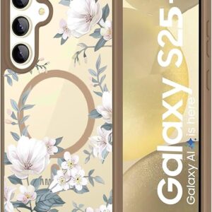 Compatible with Samsung Galaxy S25 Plus 5G Case Luxury Retro Flowers Floral Clear for Magnetic Wireless Charging Case Shockproof PC+TPU Cute Glossy Shiny Cover for Girls Women, Desert Titanium