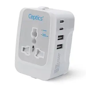 Universal Charger Adapter, 5 in 1 Universal Travel Adapter with Type C, 17W Universal Travel Adapter All in One, Universal Travel Essentials with 2 USB A, 2 USB-C 3.4A Universal Adaptor, White
