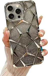 Compatible with iPhone 15 Pro Max Gradient Glitter Case, Luxury Electroplated 3D Cube, Diamond Bling Shiny Soft TPU Clear Shockproof Women Girls Protective Phone Cover (Grey)