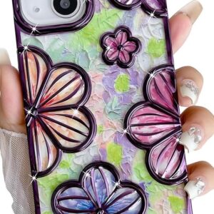Designed for iPhone 15 Plus Cover| Electroplating Bling Colourful Floral 3D TPU Camera Protection Back Cover Case for Women Girls (Purple)