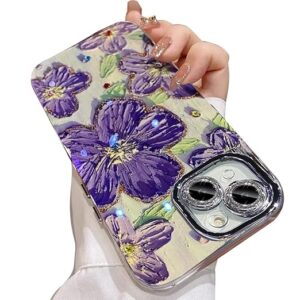Designed for iPhone 15 Plus |Women Girls, Colourful Retro Oil Painting Floral Design Shiny Bling Diamond Camera Protection Sides TPU Phone Back Cover Case [Purple]