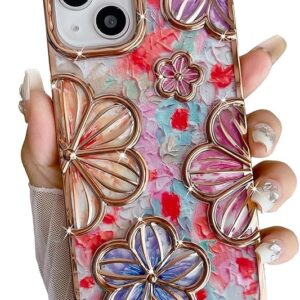 Designed for iPhone 15 Plus Cover| Electroplating Bling Colourful Floral 3D TPU Camera Protection Back Cover Case for Women Girls (Gold)