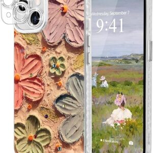 Designed for iPhone 15 Plus |Women Girls, Colourful Retro Oil Painting Floral Design Shiny Bling Diamond Camera Protection Sides TPU Phone Back Cover Case [Pink flower]