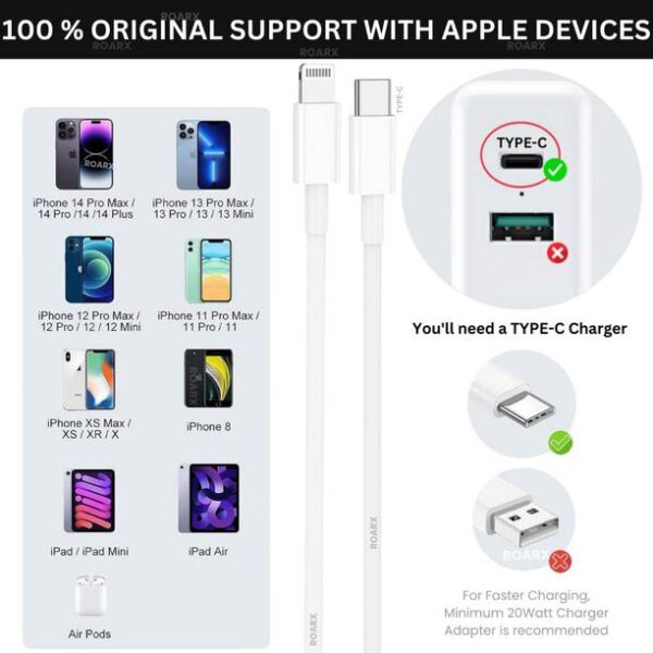 RoarX Type C 3 A 1 m Type C to Lightning PD Power Delivery Fast Charging Cable C type